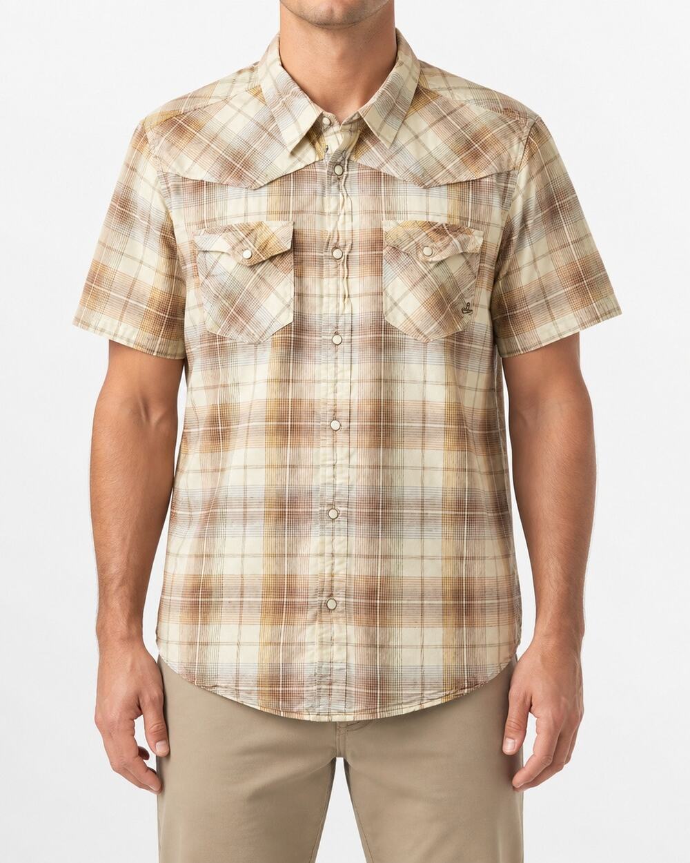 Prana Shirt Western Men Large Brown Yellow Plaid Short Sleeve Classic Pearl Snap